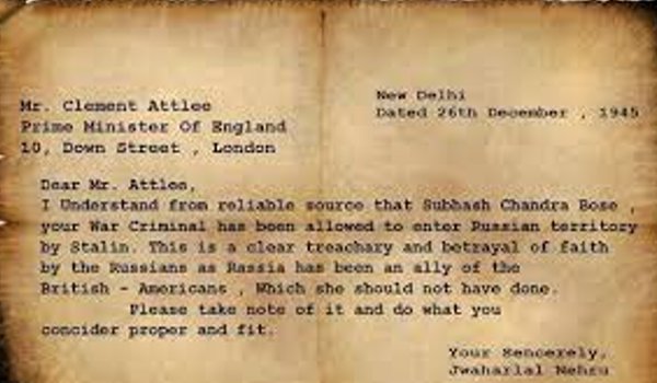 pandit nehru write to britain pm netaji your war criminal